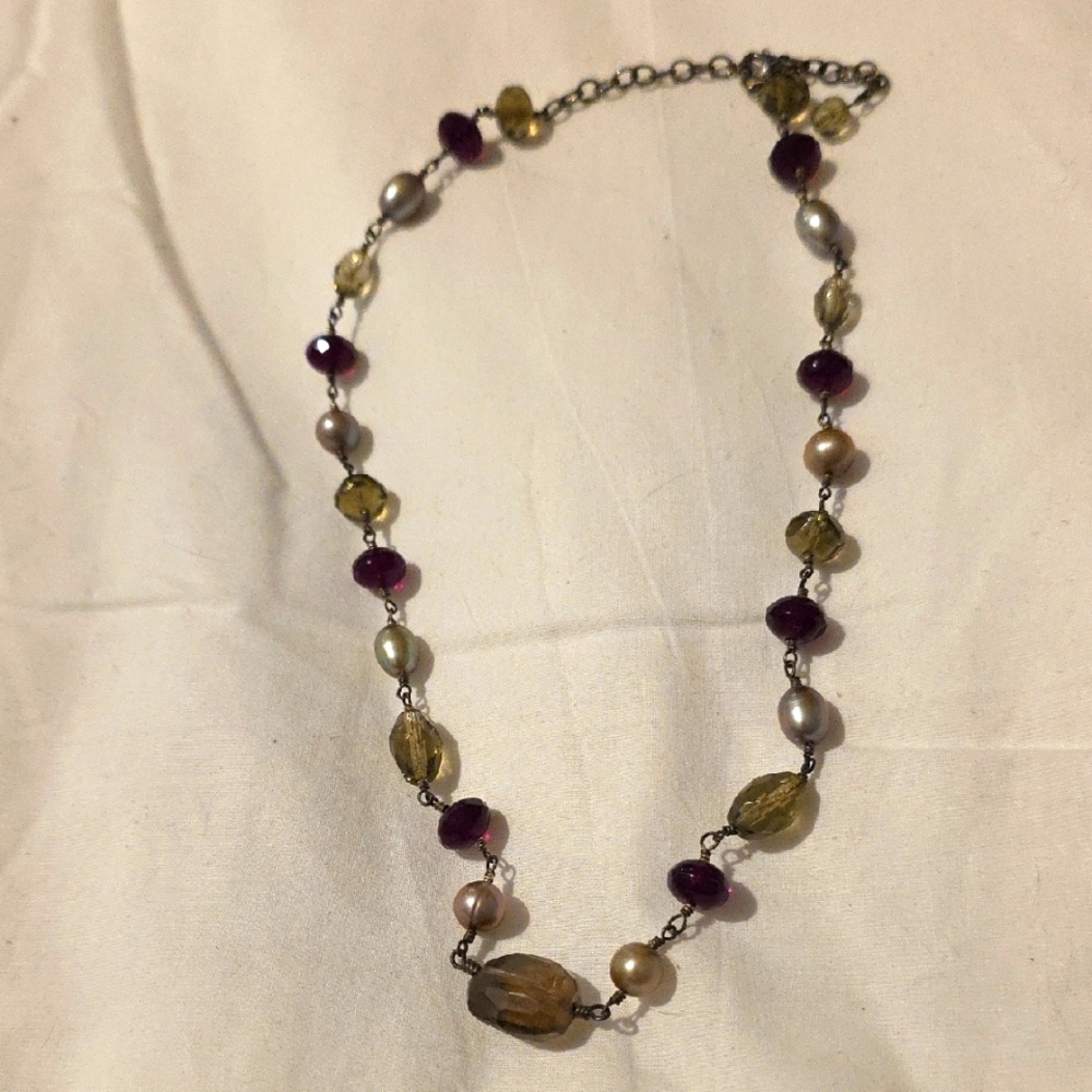 Stone And Pearl Silver Chain Necklace